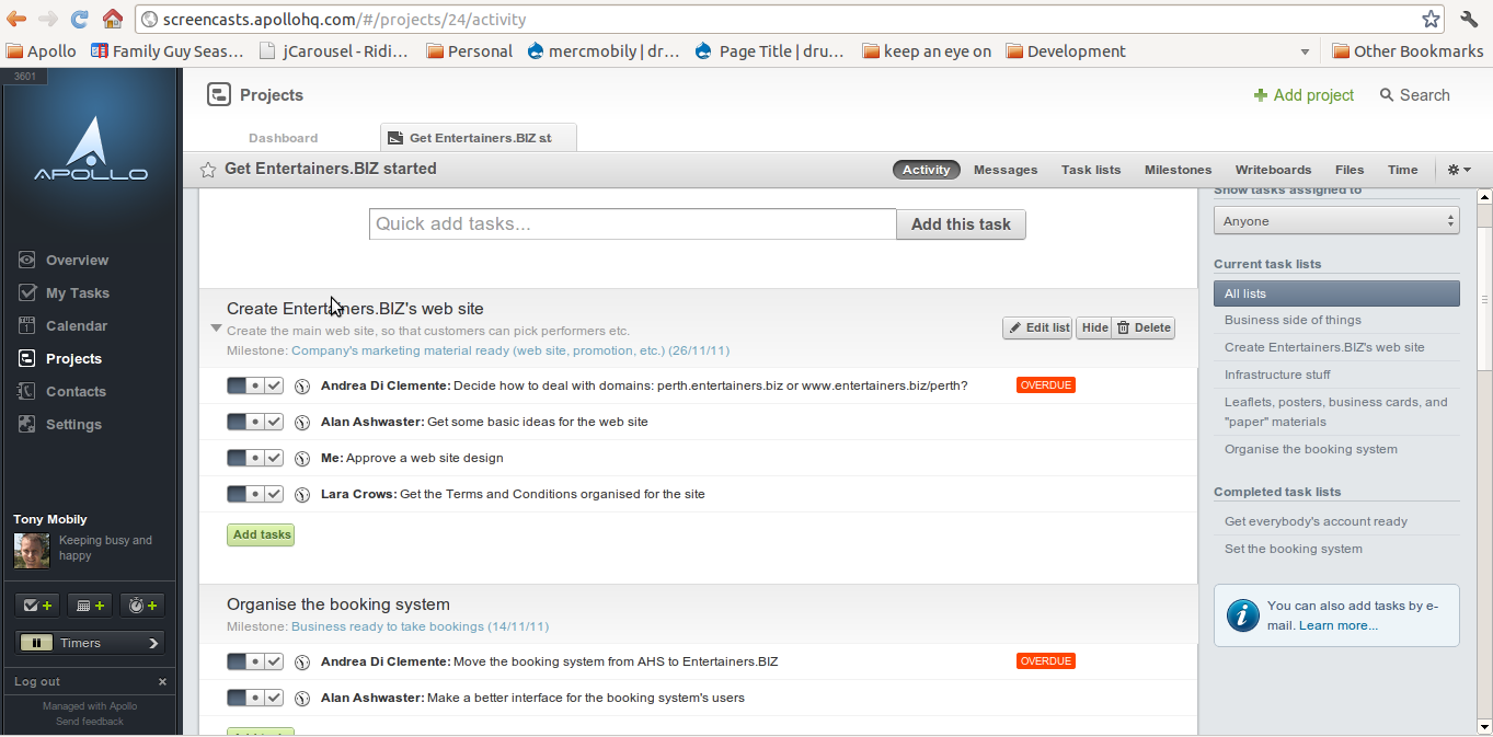 Apollo screenshot: Apollo's task list