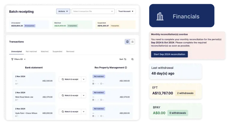 Rex Property Management screenshot: Rex Property Management batch receipting
