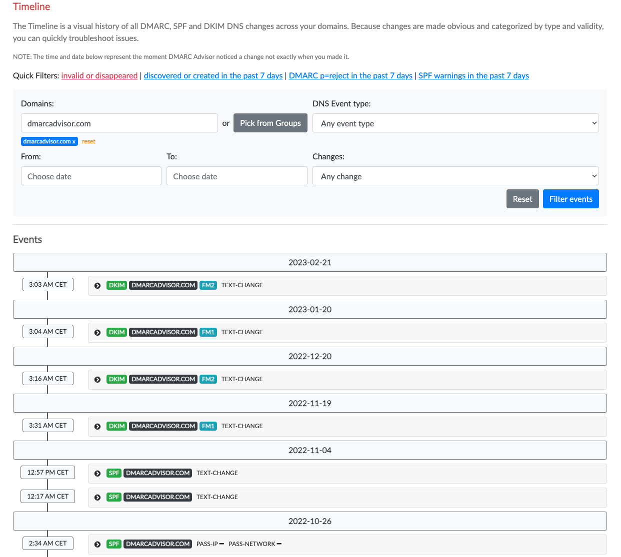 Our Timeline is a visual history of all DMARC, SPF, and DKIM related DNS changes across your domains. Quickly troubleshoot issues with categorized changes. Stay in control of your domains' security with our Timeline tool.