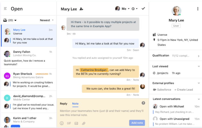 Intercom screenshot: Manage and respond to all conversations from a shared team inbox with notes and live customer profiles