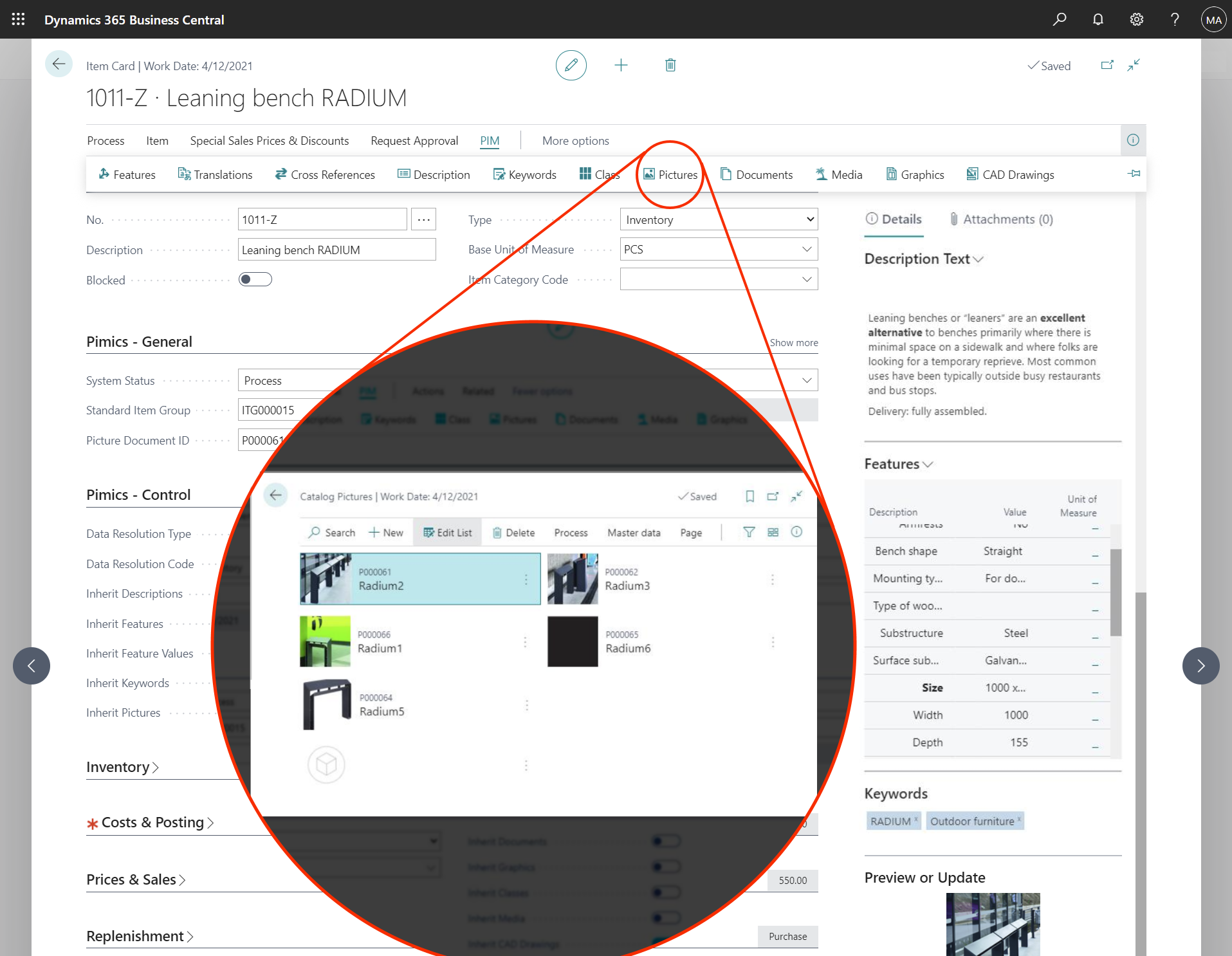 Pimics screenshot: Product card in Business Central with Pimics-enriched product information
