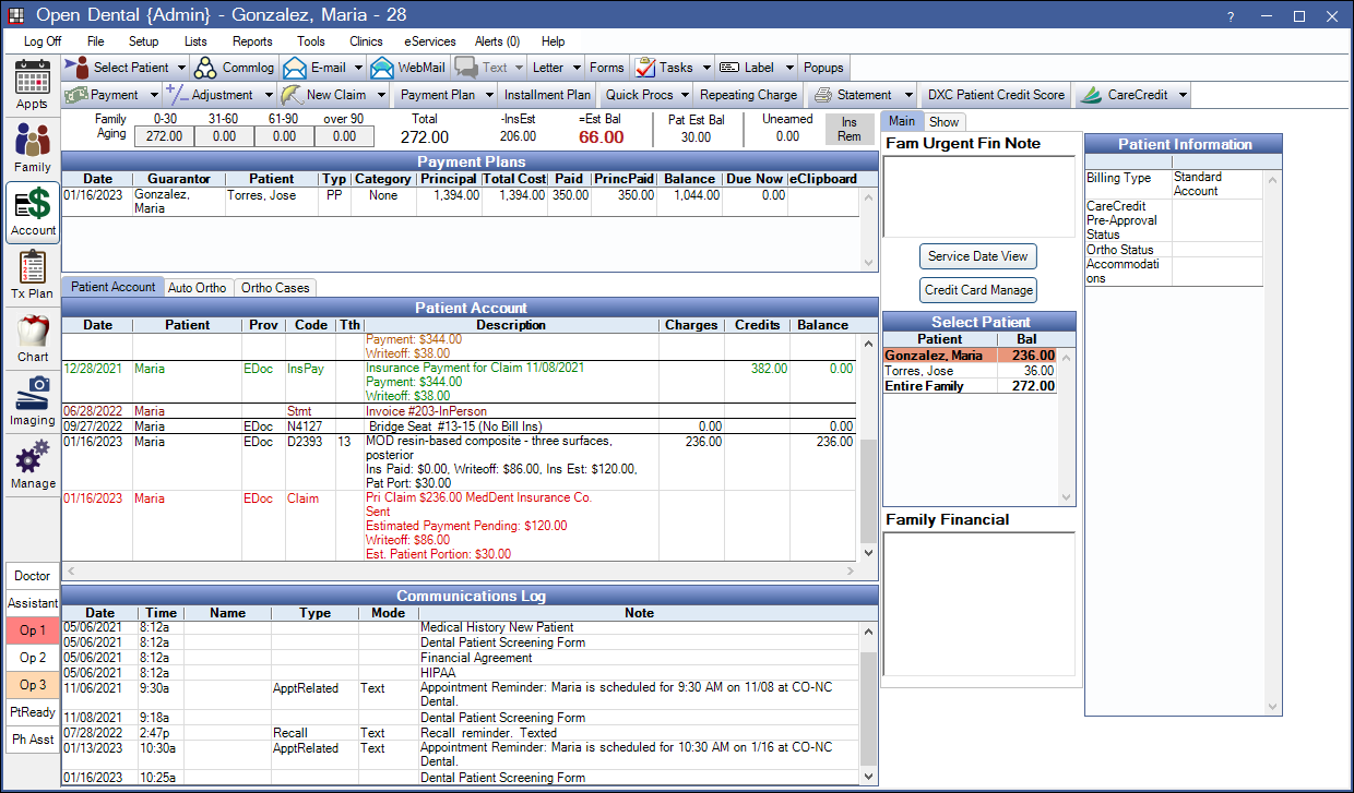 Account Module. Used to track patient balances and send claims. Image displays example of patient account.
