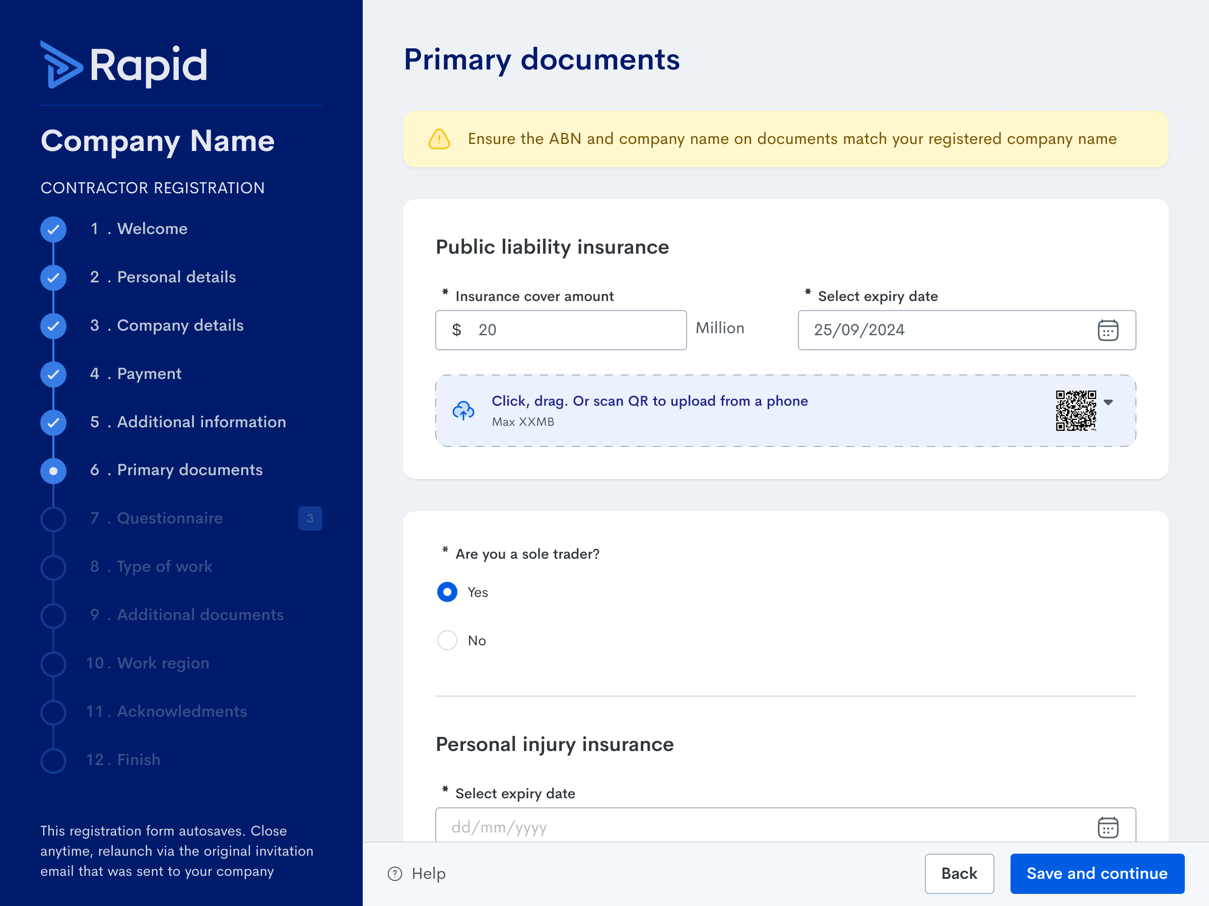 Rapid screenshot: Register contractor companies with ease. Customise your pre-qualification questionnaire
by risk profile, ask compliance questions,
and request additional info as needed.