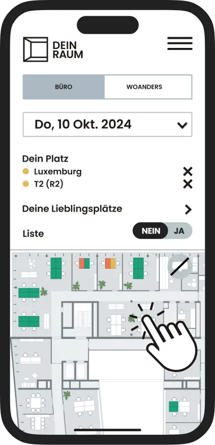 DEIN RAUM screenshot: Wähle einfach einen freien Platz und buche von überall auf dem Smartphone.