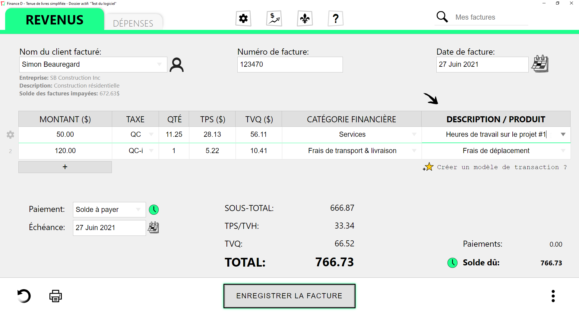 Finance D Software - Exemple de la création d'une facture de revenus.
