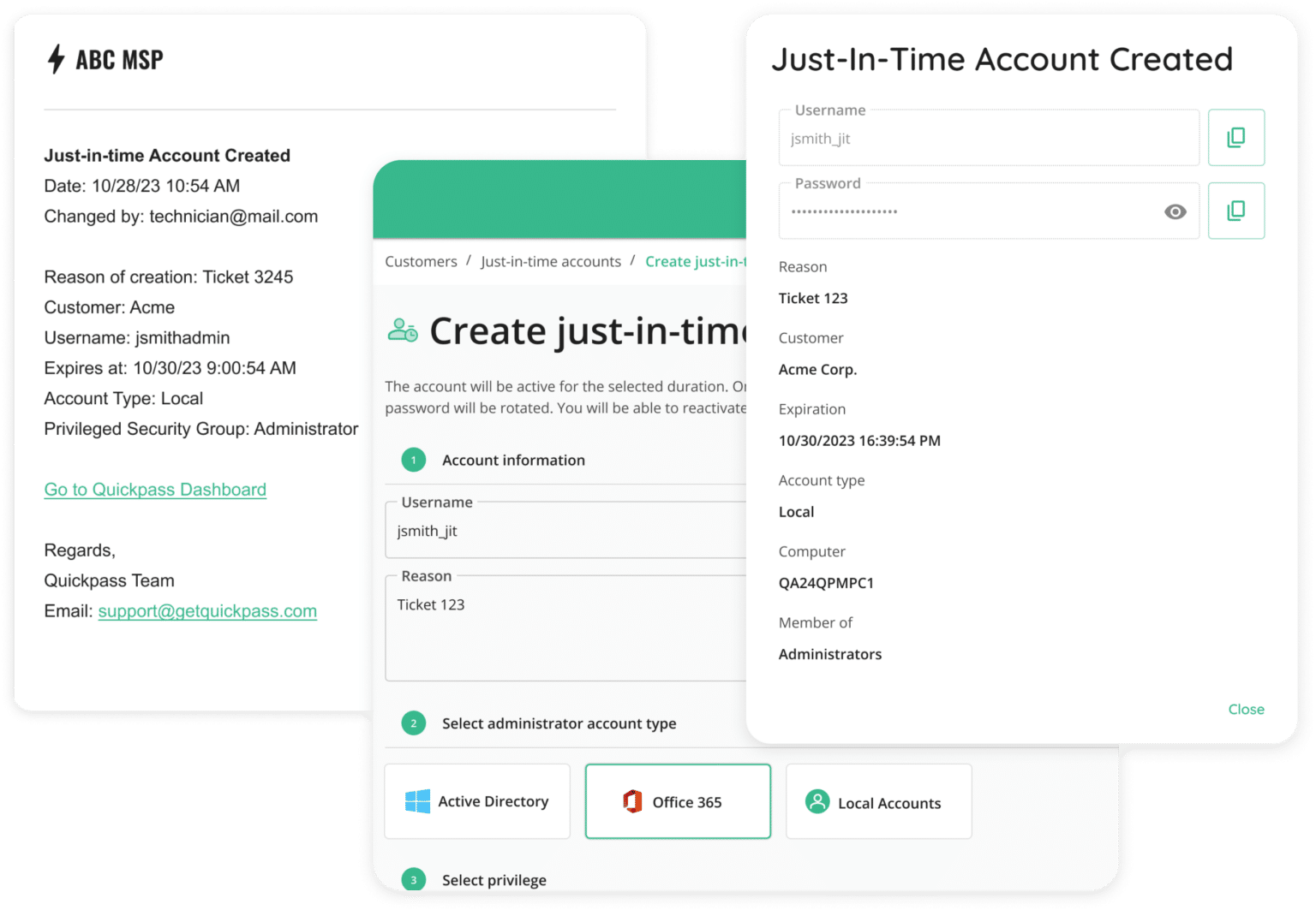 QGuard screenshot: Just-in-Time Admin Account Creation