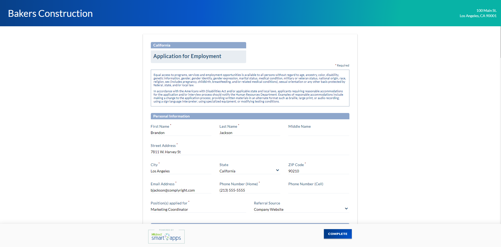 HRdirect Smart Apps Job Application - Applicant View