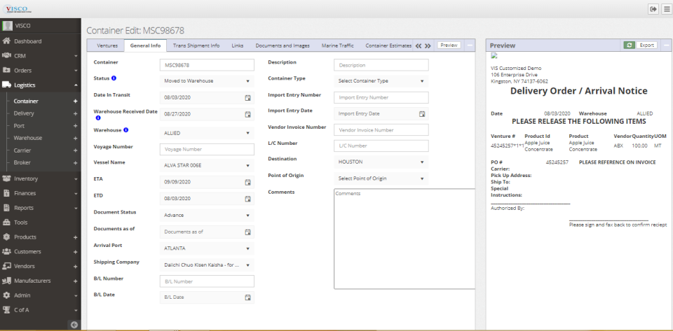 VISCO Software - Container Information