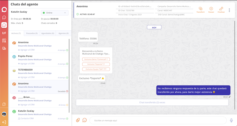 chattigo screenshot: Visual Agente.