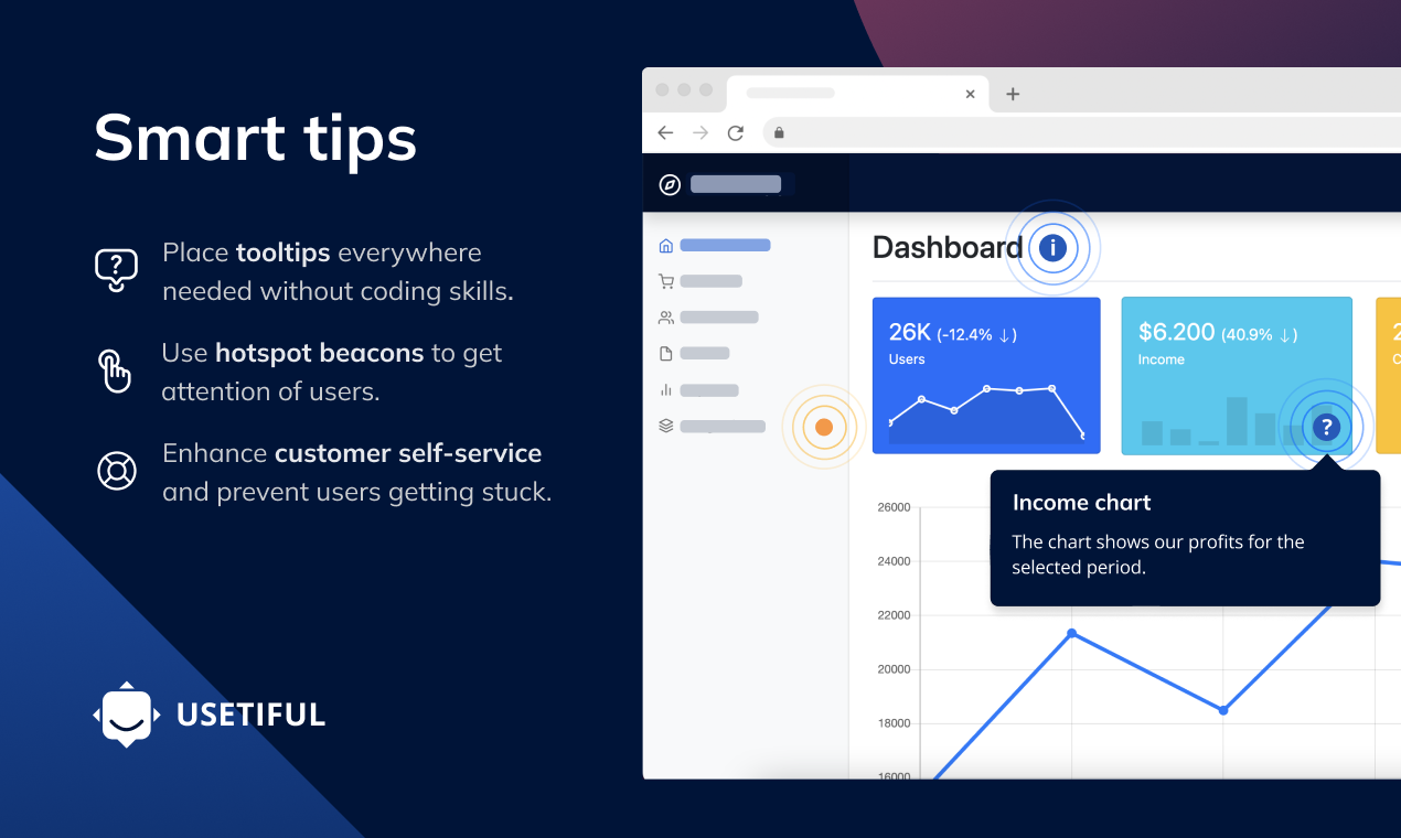 Tooltips and hotspot beacons offer contextual help without obstructing the user's workflow.