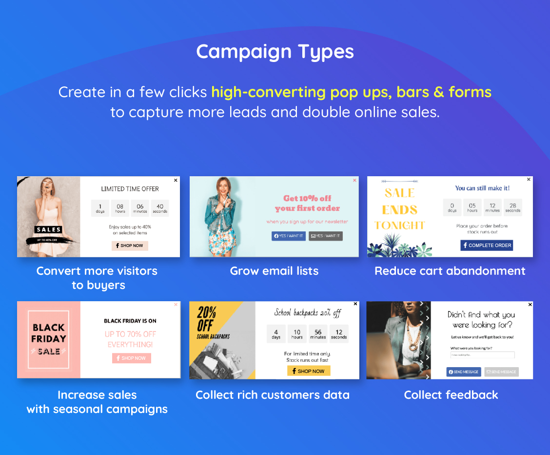 Various campaign types including pop-ups, promo bars, personalized product recommendations, success messages, scroll boxes, slide-ups, sidebars, and contact and survey forms.