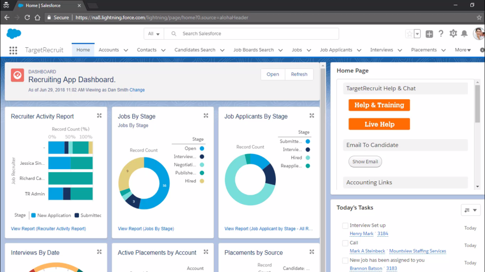 TargetRecruit screenshot: Build customizable dashboards to fit any business need. Split one report into multiple dashboard elements for different views of the same business question