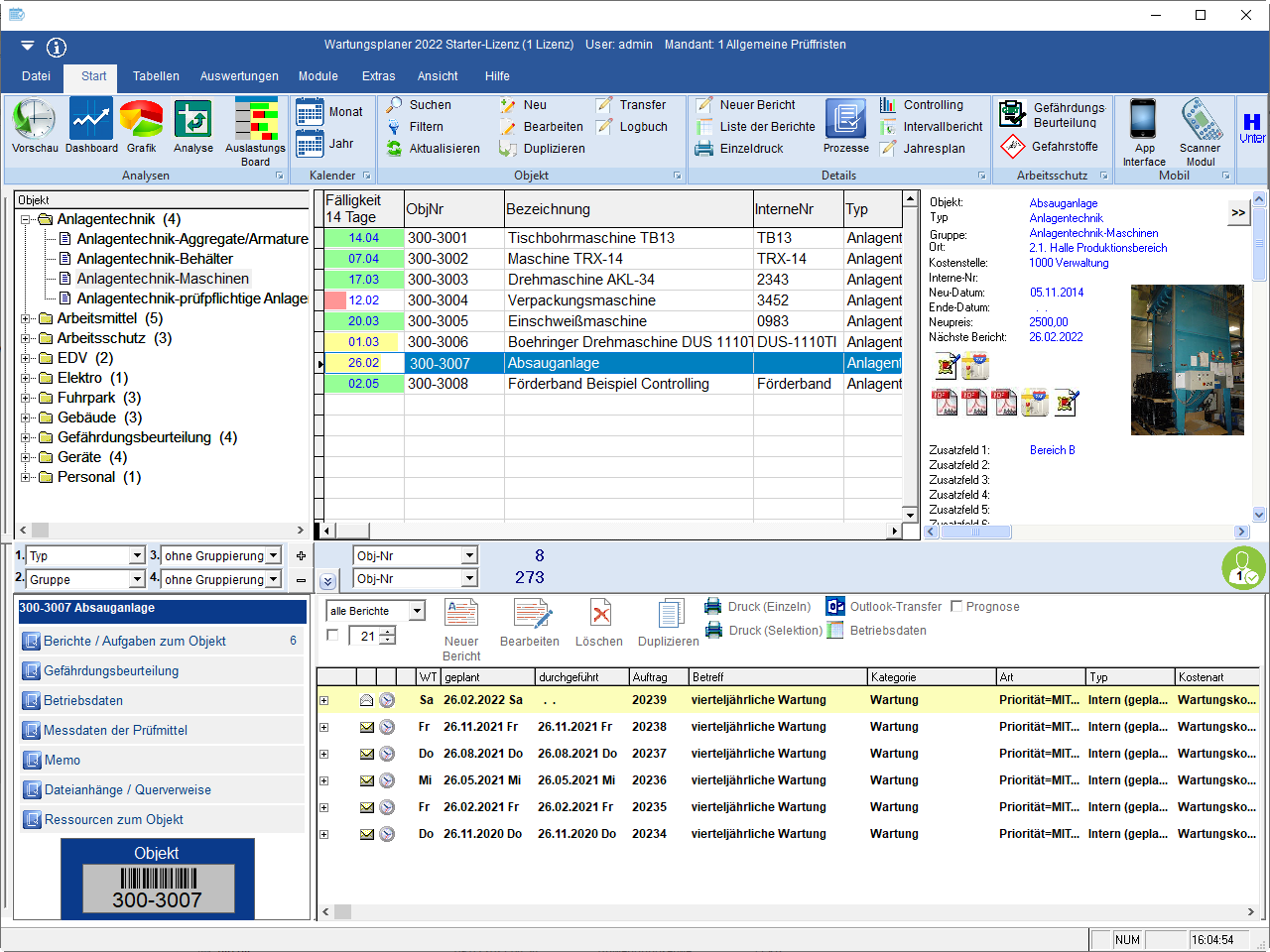 Wartungsplaner screenshot: Hauptmaske Wartungsplaner