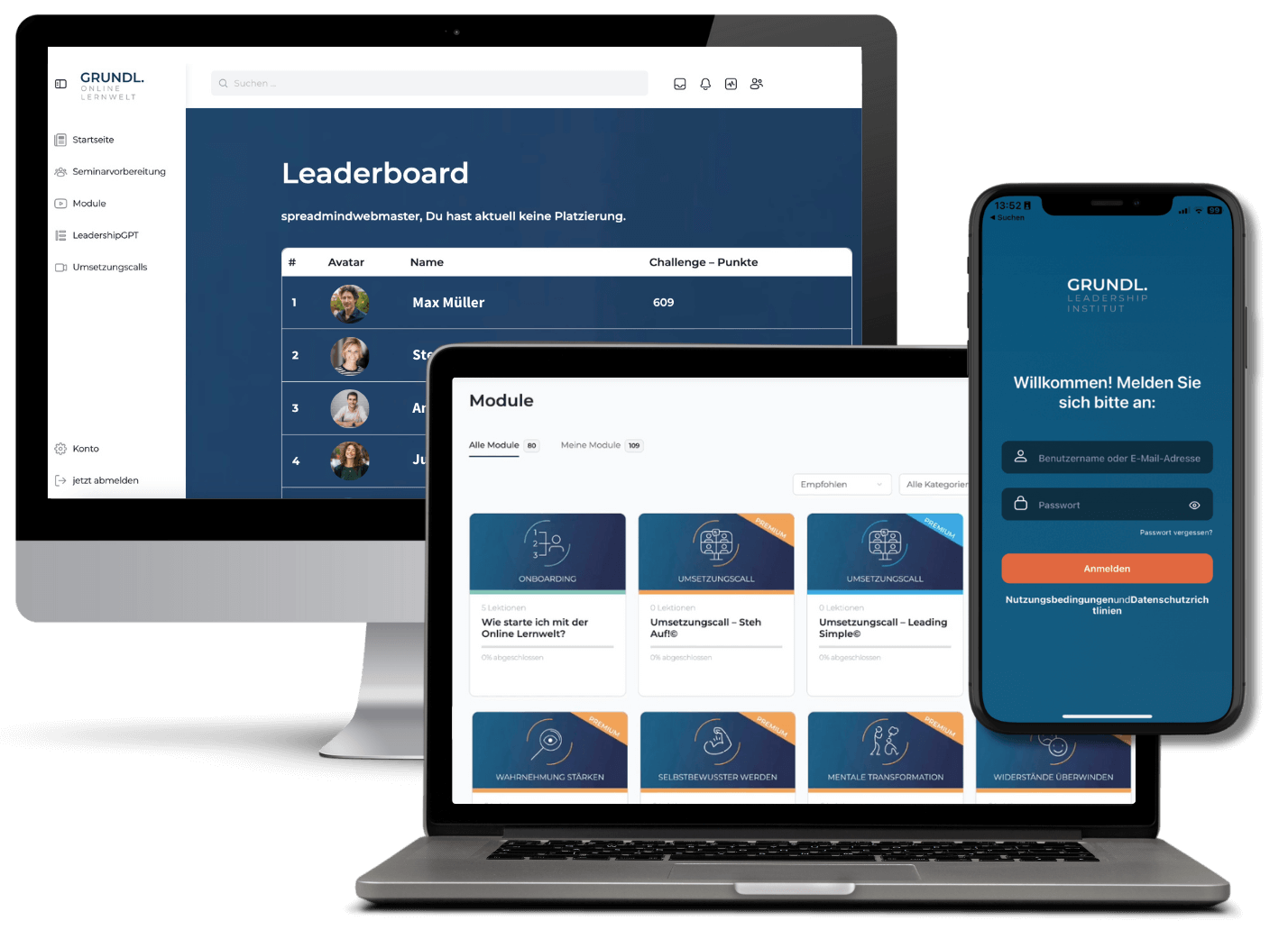Spreadmind screenshot: Gamification Leaderboard, Online Courses, Community and native App with Spreadmind in one E-Learning Plattform