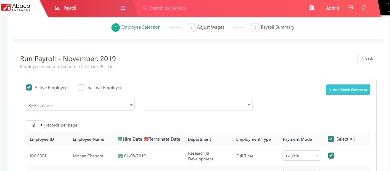 Abaca payroll processing screenshot
