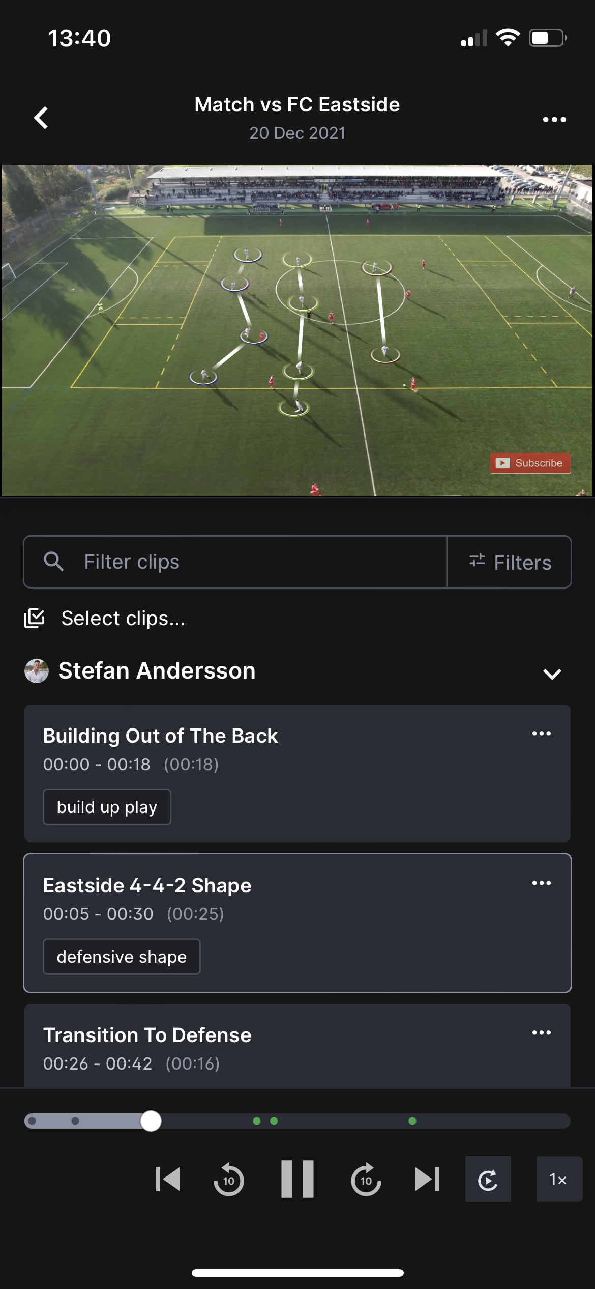 Screenshot from inside 360Player's video analytics tool where a coach has created an animation from a match video to show their team's defensive shape.