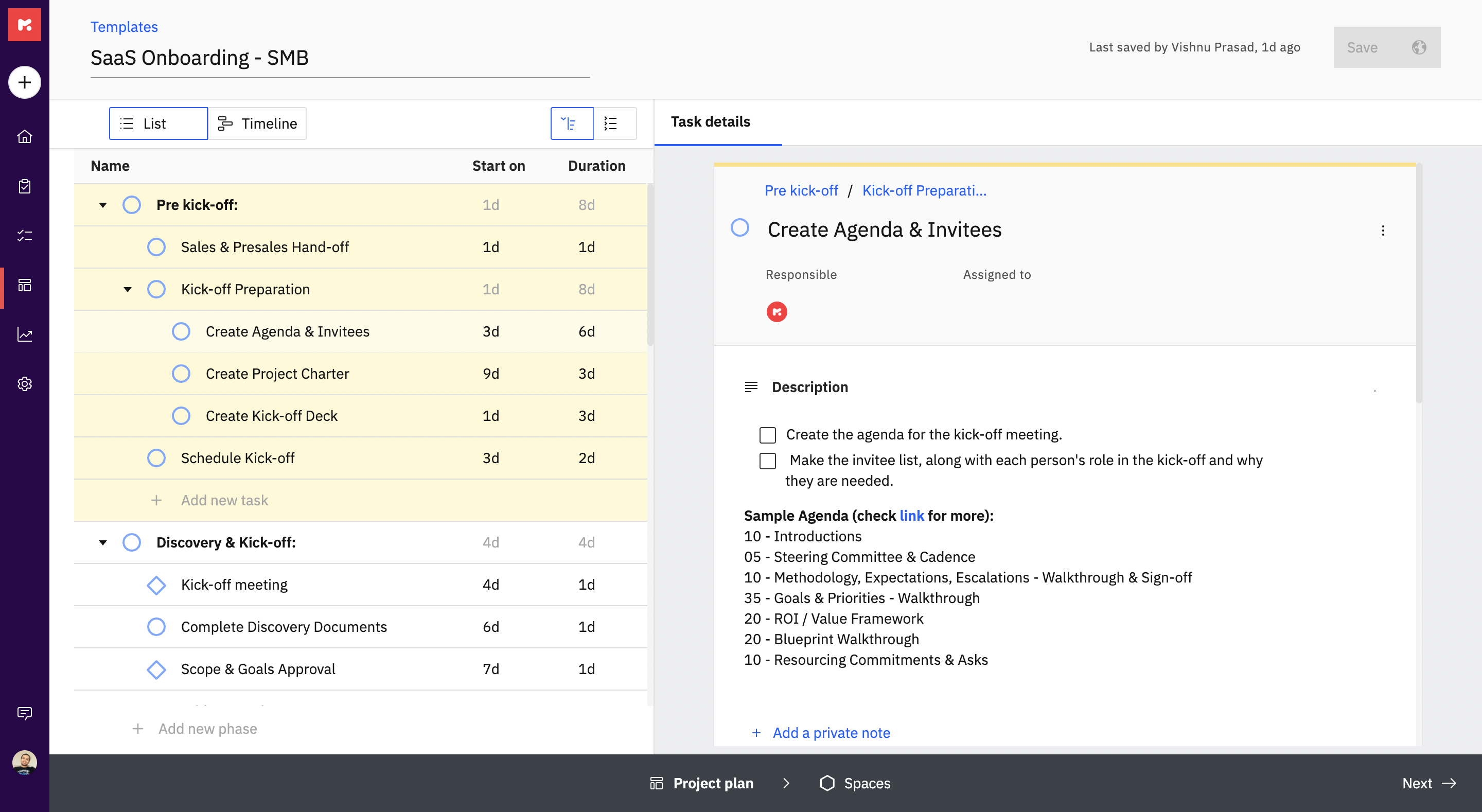 Rocketlane Software - Create detailed project delivery tasks and milestones, help content, responsibilities, timelines, visibility, and more as part of project templates.