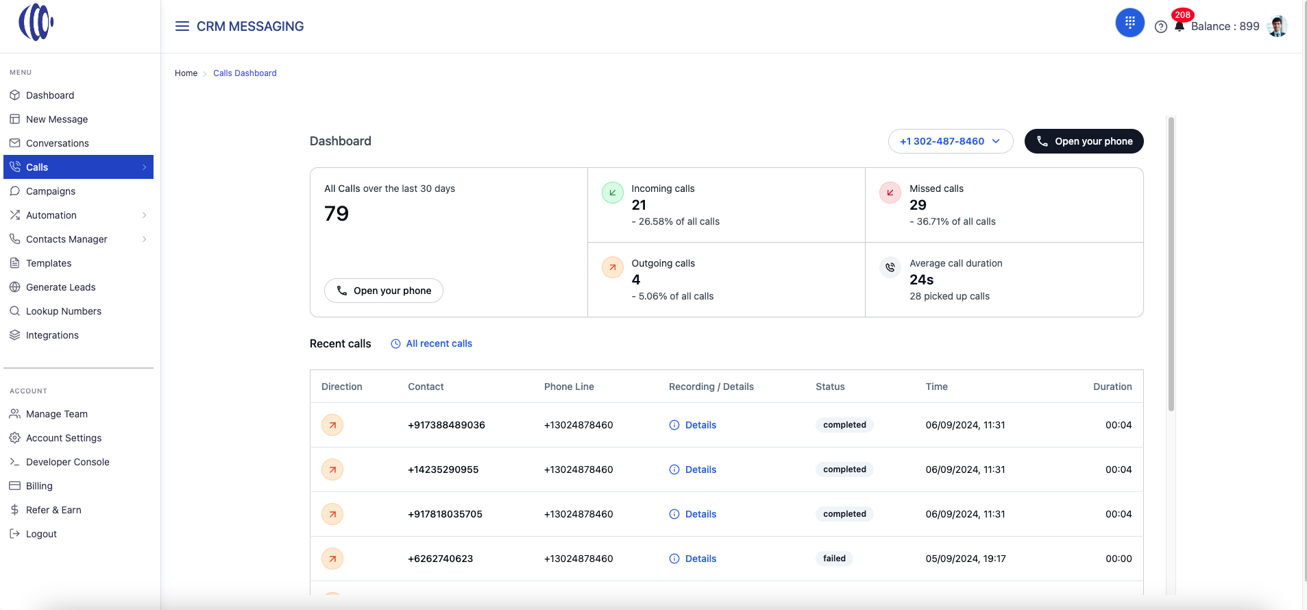 CRM Messaging Software - Call Dashboard