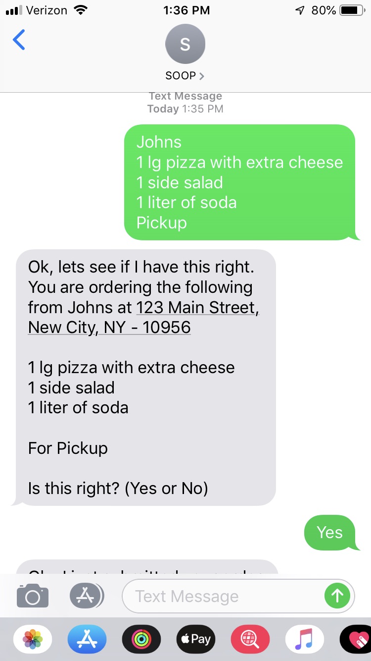 Texting an order is so easy!  Just tell us the restaurant, the items and how you want to get it!