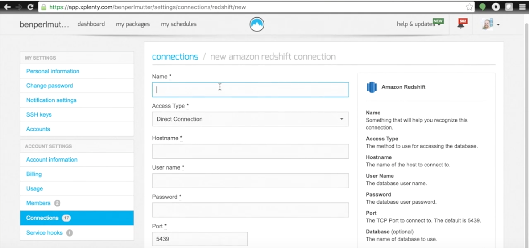 Enter details for new data connections