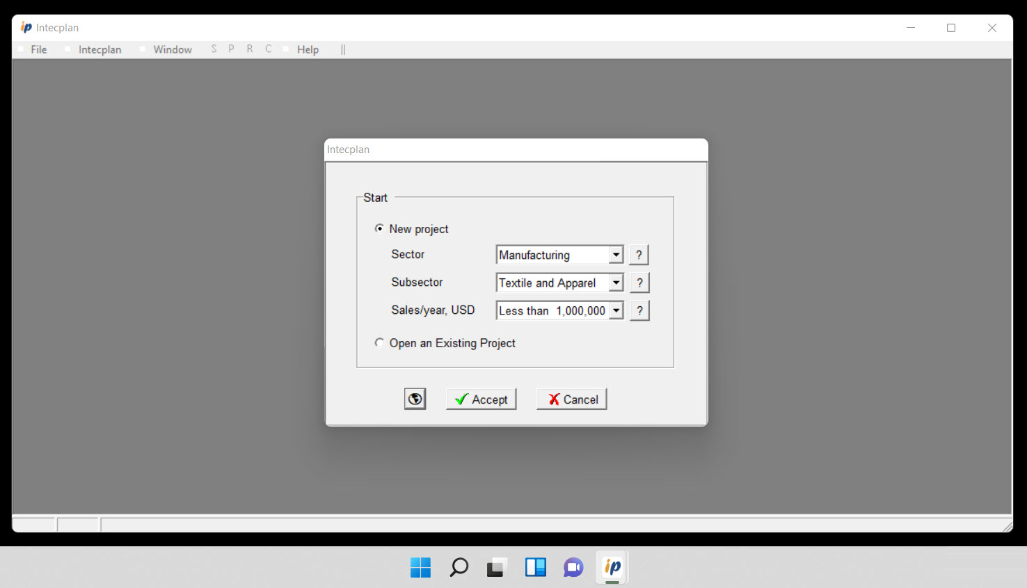Intecplan screenshot: Start dialog. Set the characteristics of your project: region, economic sector, and sales range.  The program generates your budgets and the complete financial projection, with real values from the first click.