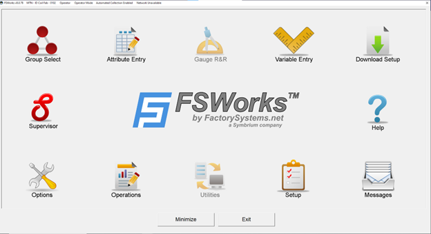 The Home Page of the FSWorks application. This screen allows for traversal of all the different modules of FSWorks.