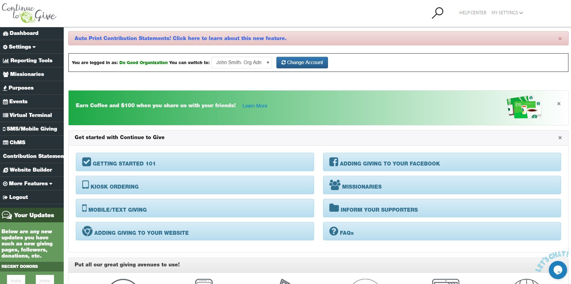 Setup a variety of giving avenues including text to give, QR code, and website badges