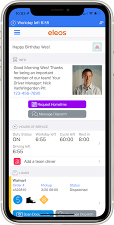 Eleos screenshot: Drivers can manage their HOS, instantly message dispatch, plan their trips, view load information, and much more any where and any time.