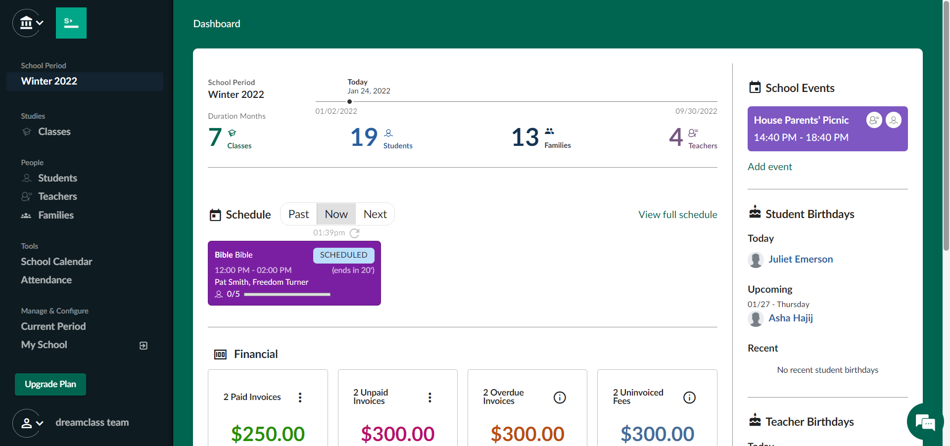 DreamClass Software - Manage your school easily with powerful dashboards that give you dynamic insights on the most important resources of your school.