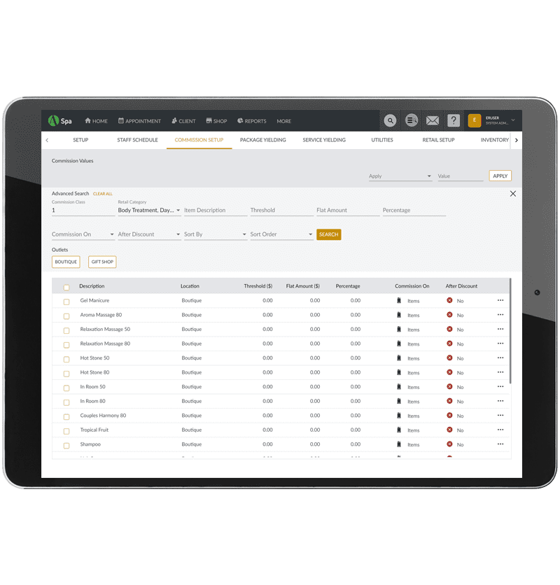 Agilysys Spa screenshot: Agilysys Spa Commission