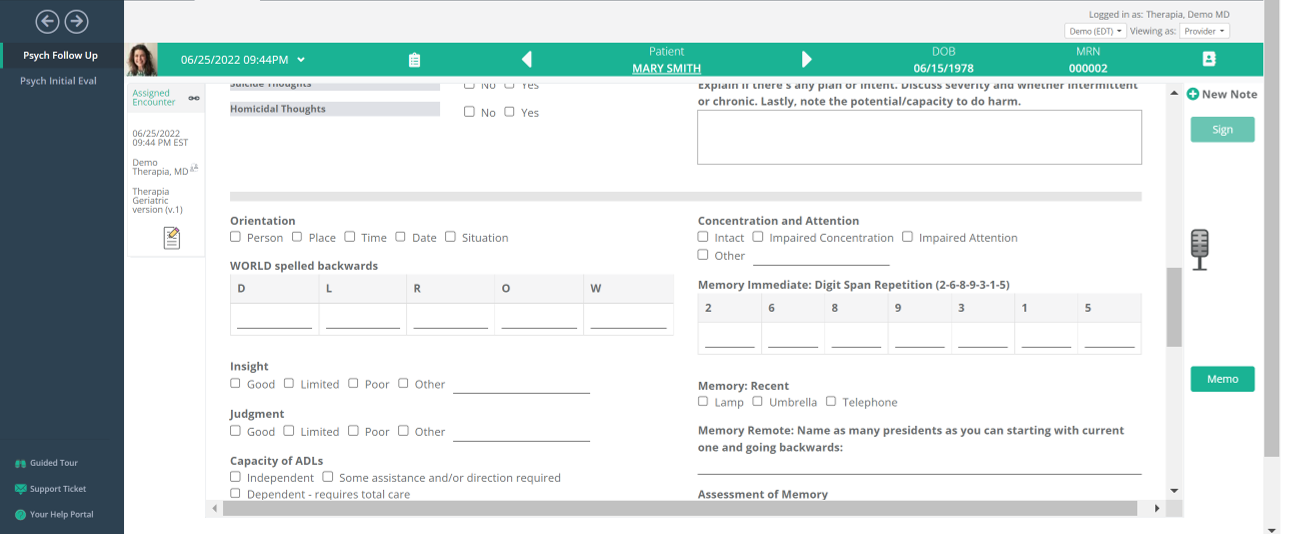 Therapia EHR screenshot: Customized Notes