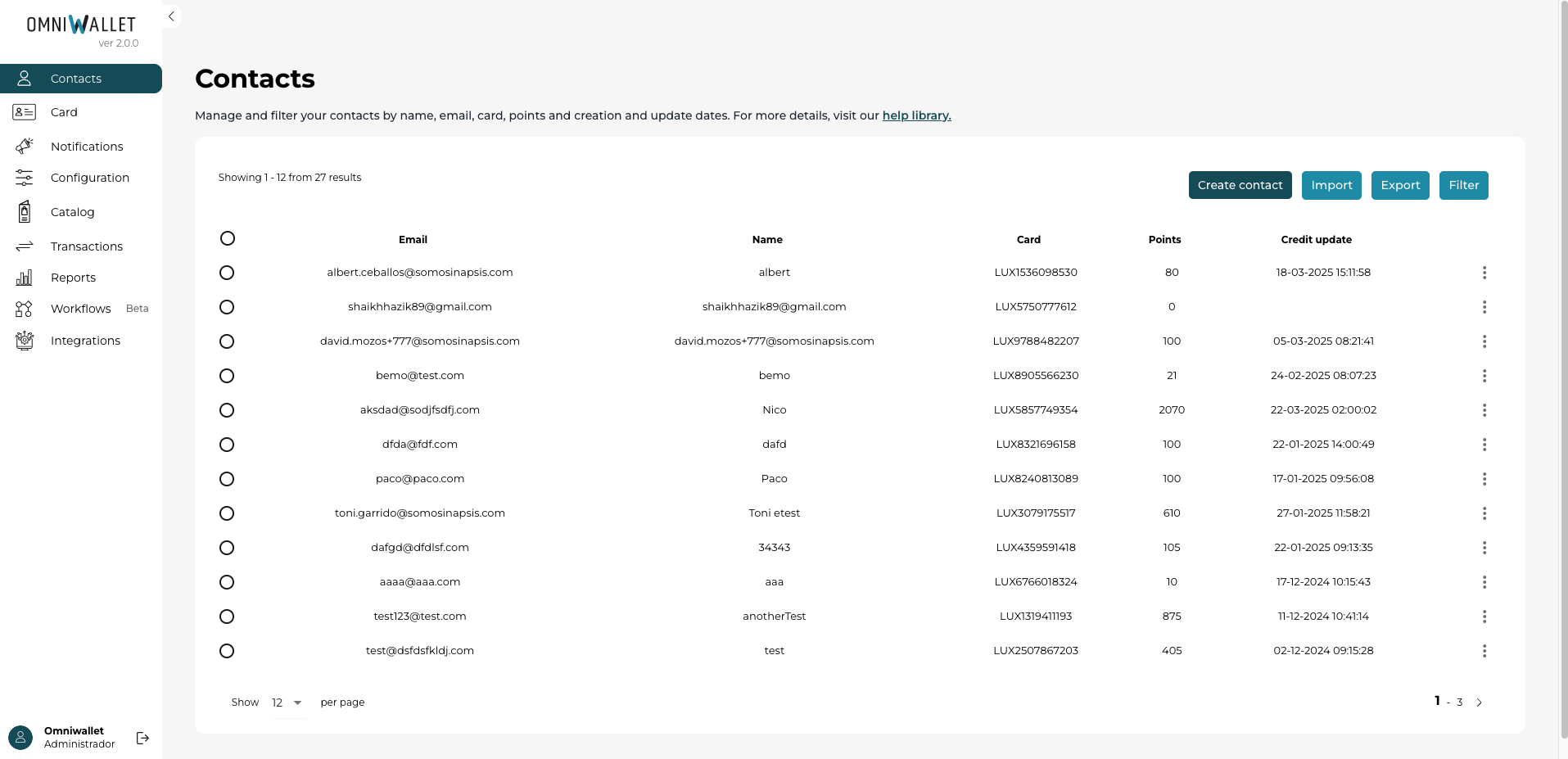 Omniwallet screenshot: Contacts dashboard