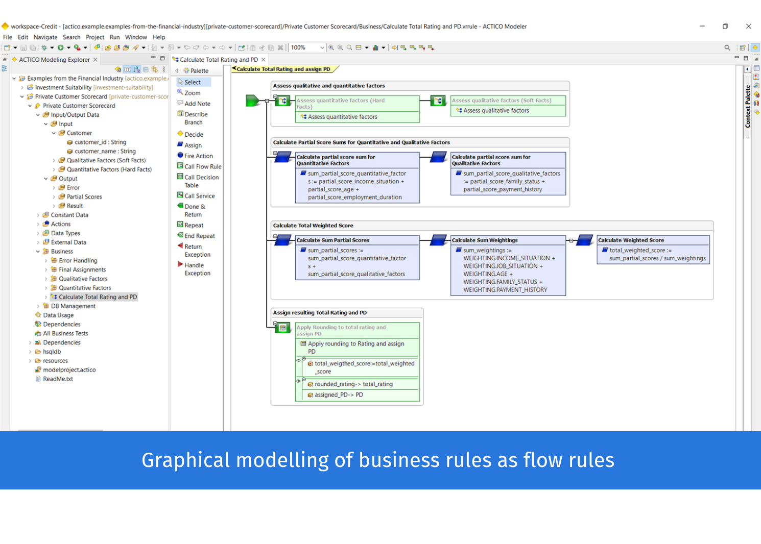 ACTICO Platform screenshot: Graphical modelling of business rules as flow rules