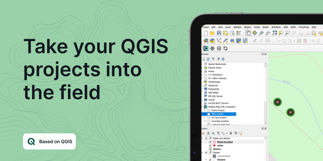 Mergin Maps screenshot: The Mergin Maps plugin integrates with QGIS to provide you with the flexibility to design your own project and data structure or use a ready-made survey project.