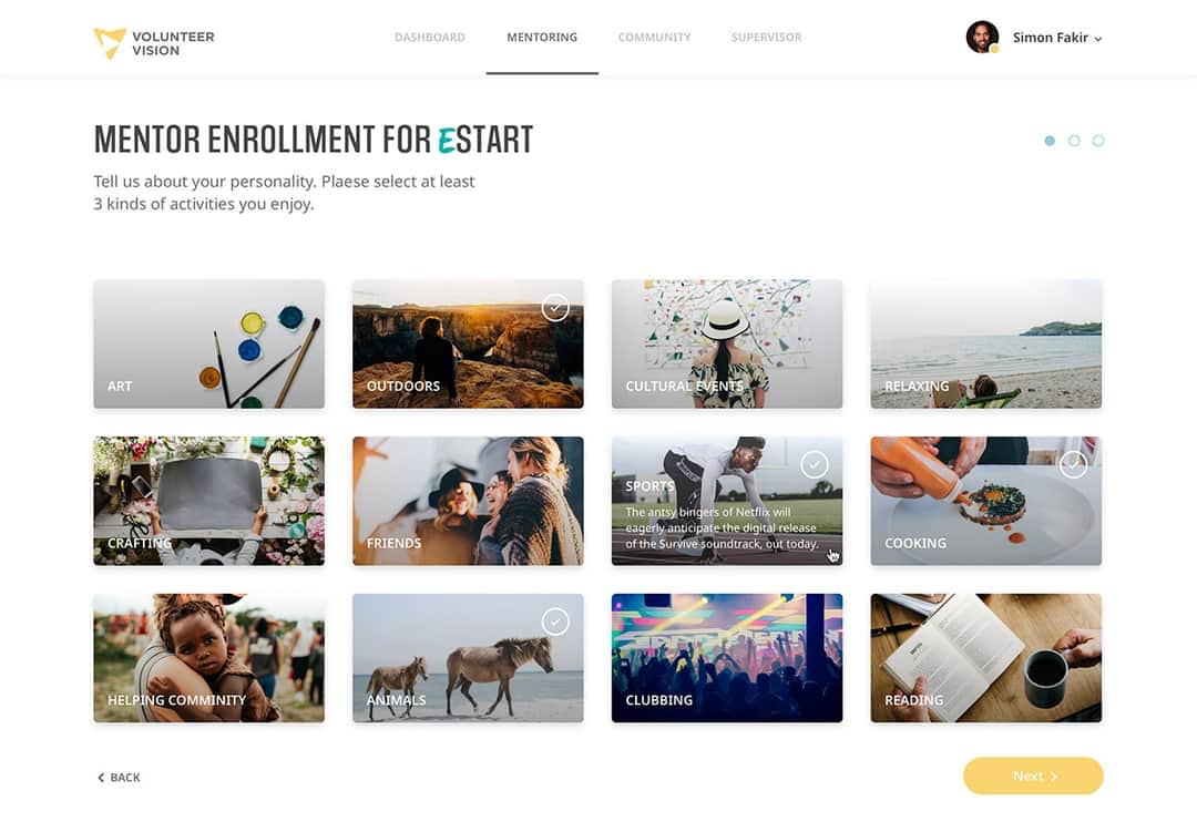 Volunteer Vision screenshot: Volunteer Vision mentoring selection screen