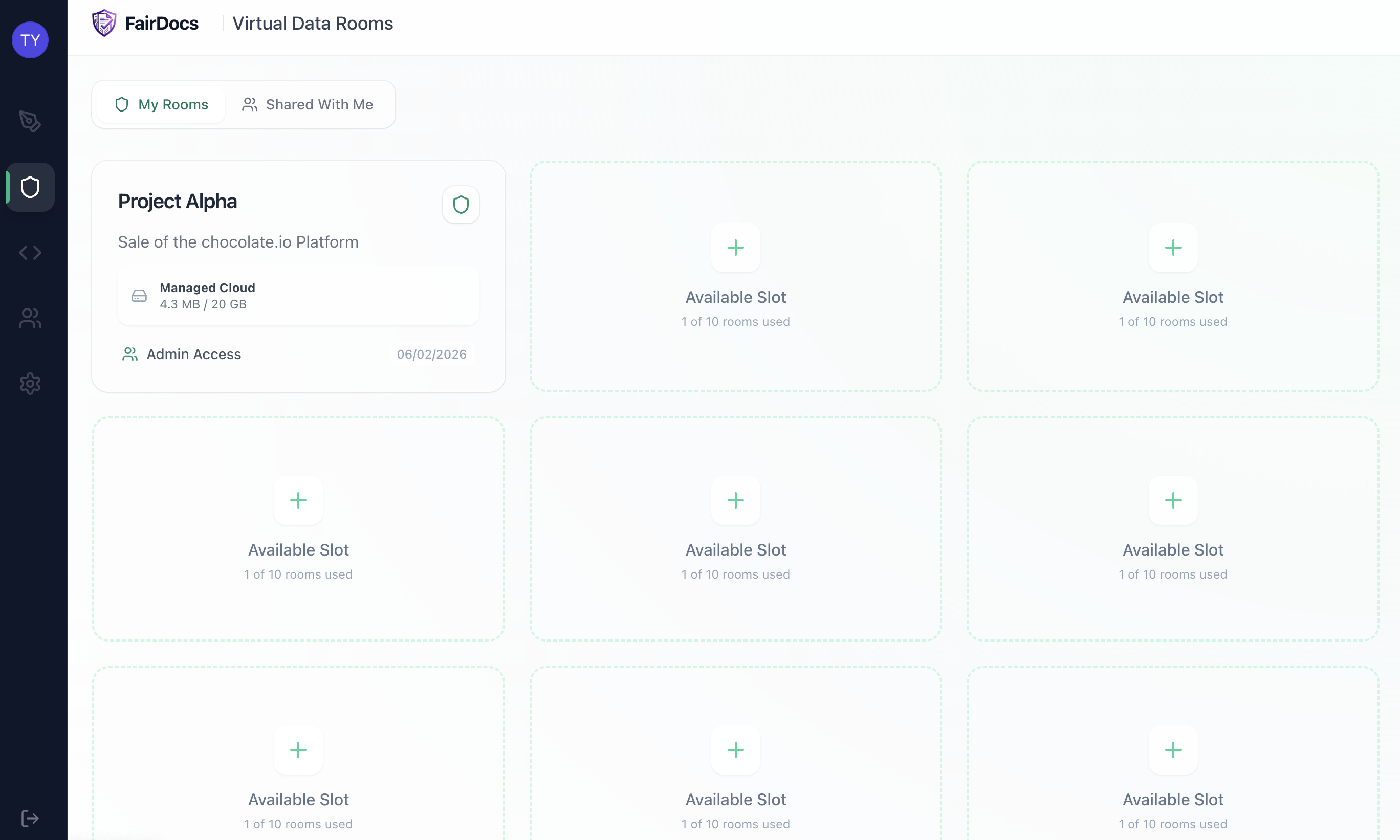 FairDocs screenshot: FairDocs virtual deal rooms provide 20gb of storage per room, and 10 rooms per customer, along with granular permissions, webhook notifications, access requests and watermarking.