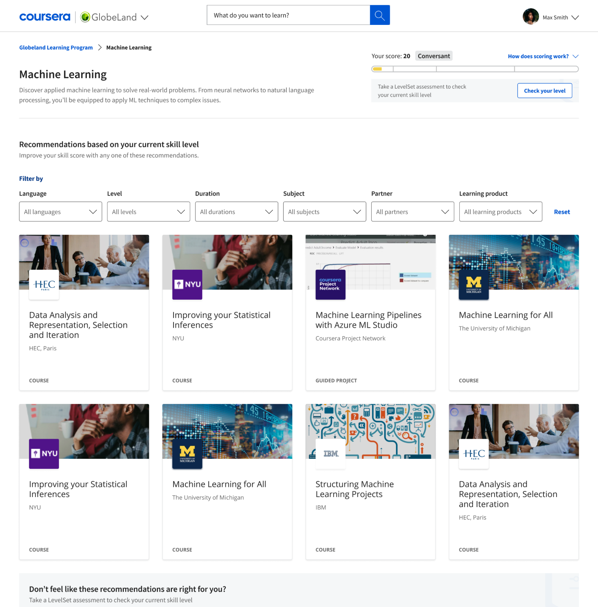 Skill pages provide learners with one place to receive skill-based content recommendations, take LevelSet assessments, and measure skill progress for more focused and efficient learning. Coursera offers over 300 skill pages across Business, Tech, and Data