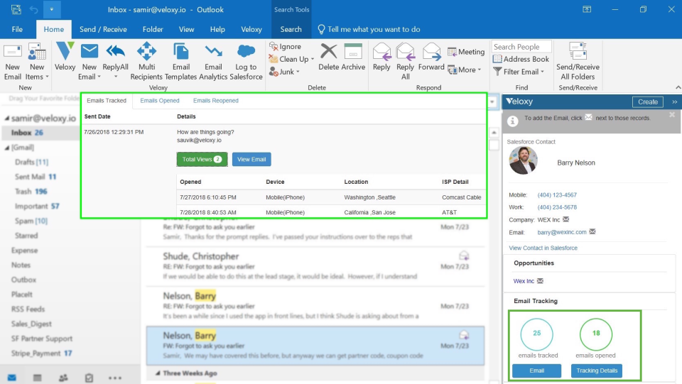 Veloxy email tracking in Outlook