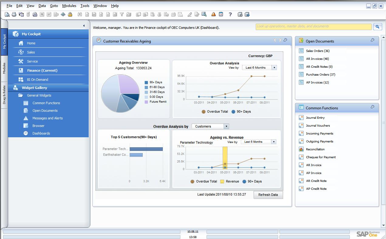 SAP Business One Software - The finance cockpit provides users with access to financial metrics