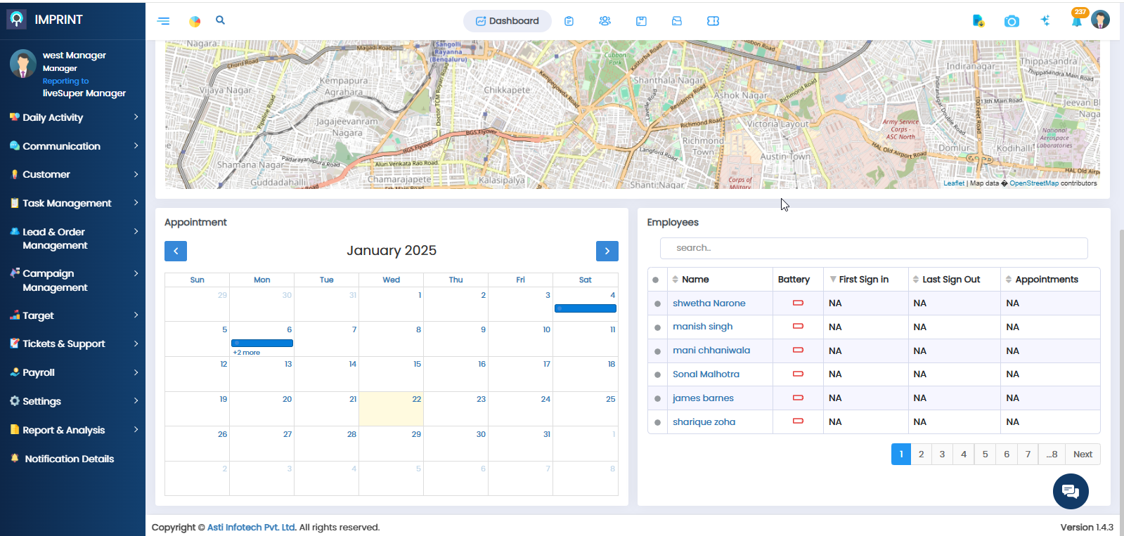 IMPRINT Software - A tabular view displaying time-stamped activity logs of field agents, including visits made, tasks completed, and client interactions. The dashboard provides filter options for quick data retrieval