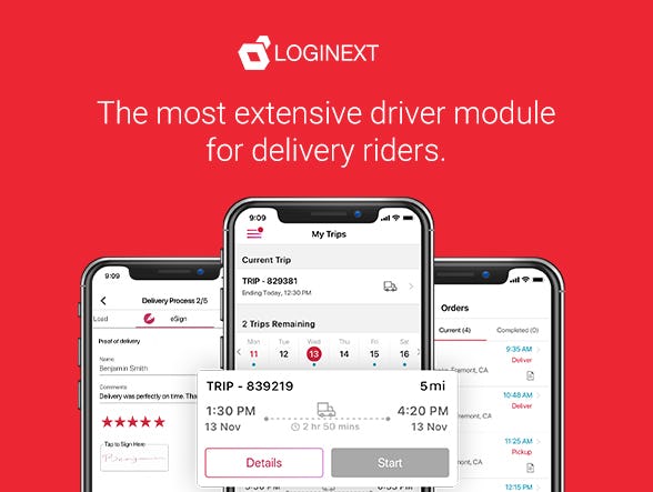 LogiNext Mile Software - LogiNext Mile Driver Module gives riders the ability to manage daily trips, assign orders to themselves or transfer orders to different drivers. This module also consists of self check-in, EPOD, cash ledger which make delivery management easy.