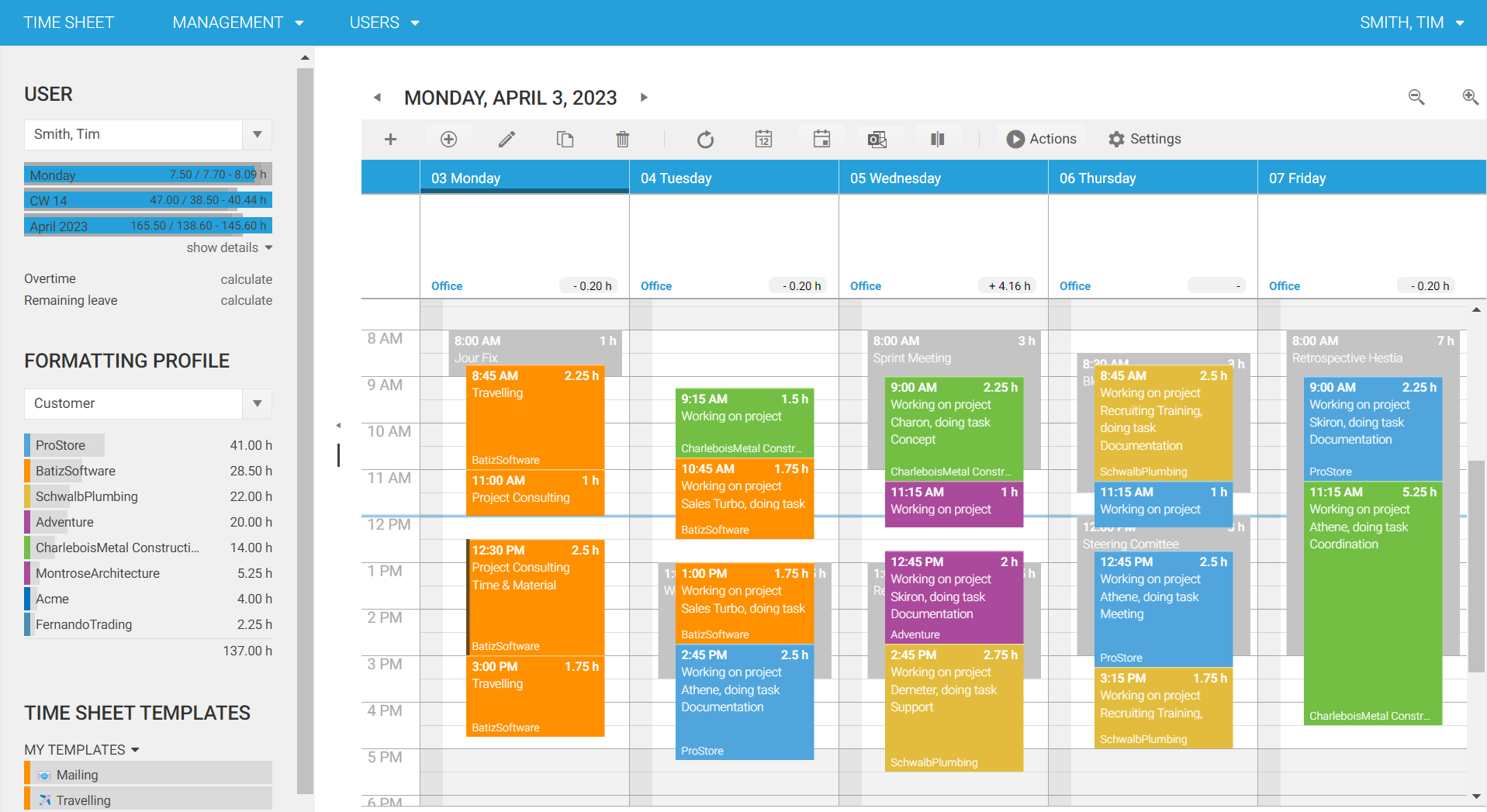 time cockpit screenshot: The time booking calendar in time cockpit offers a clear and intuitive way to record working hours. Users can create, move, and edit time entries via drag and drop, with projects, tasks, and absences displayed in daily and weekly views.