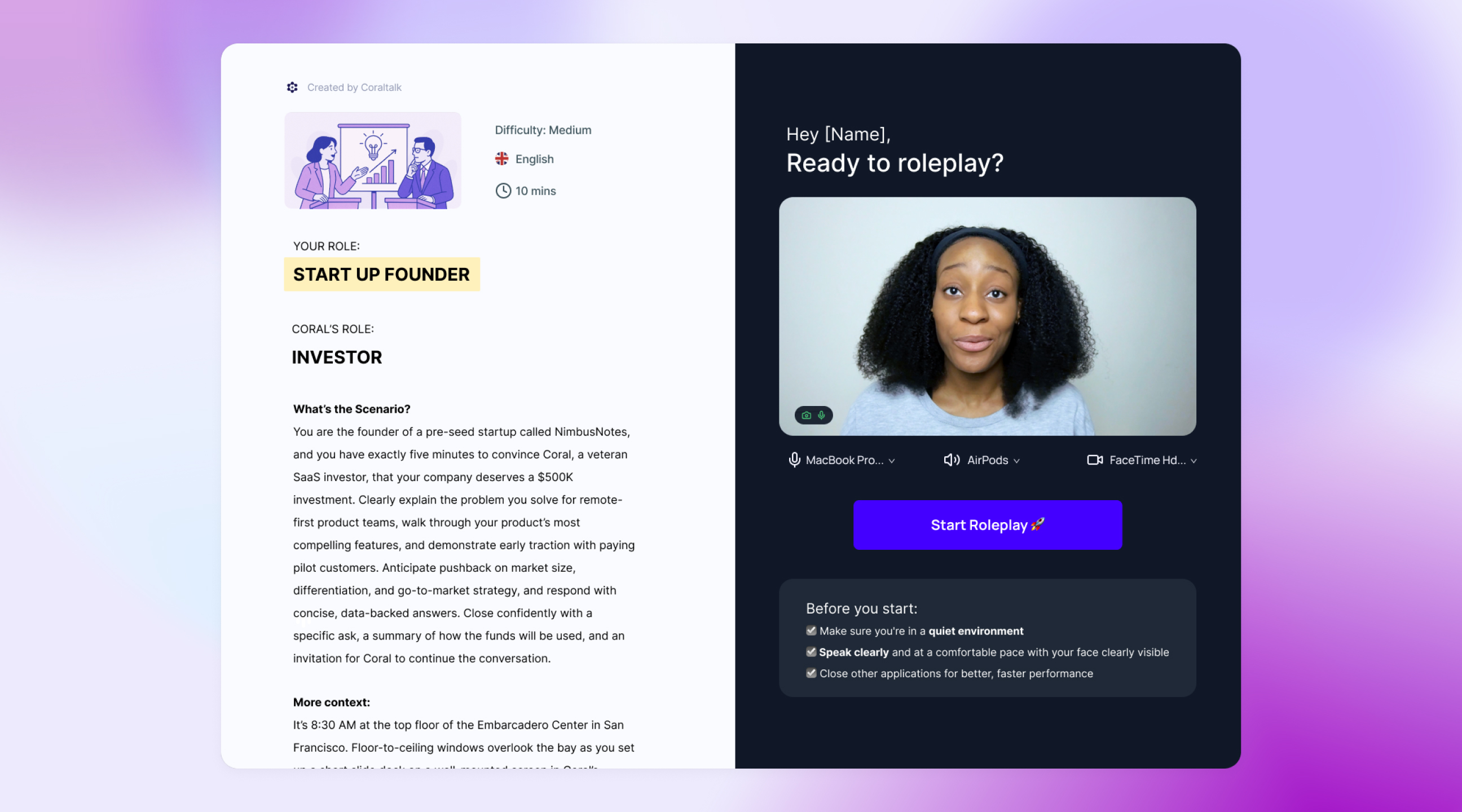 Coraltalk screenshot: Coraltalk student reviews scenario before commencing oral roleplay
