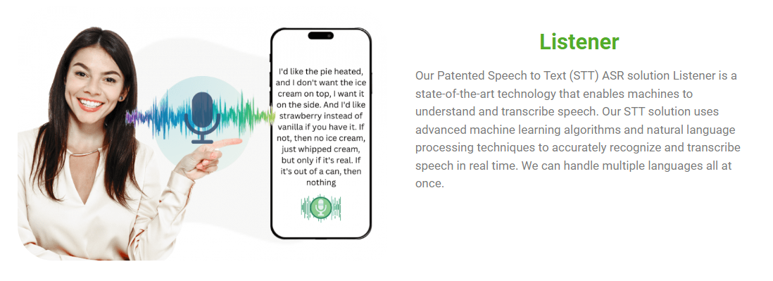 Listener screenshot: Our Patented Speech to Text (STT) solution Listener is based on state-of-the-art Automatic Speech Recognition (ASR) technology that enables machines to understand and transcribe speech.
