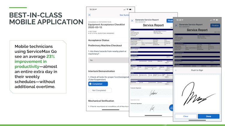 ServiceMax screenshot: Access data anytime, anywhere on any device with ServiceMax mobile applications featuring intuitive interfaces, consistent access, and targeted workflows—regardless of internet connectivity.