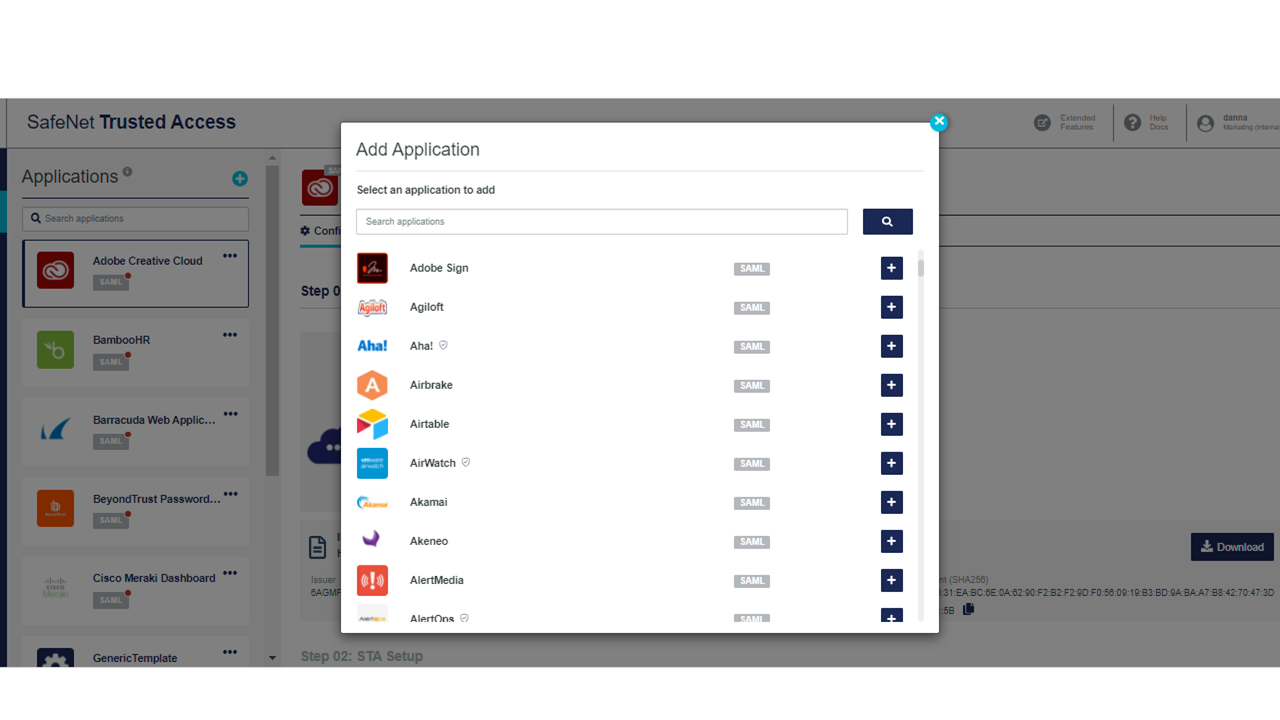 SafeNet Trusted Access screenshot: Add Application