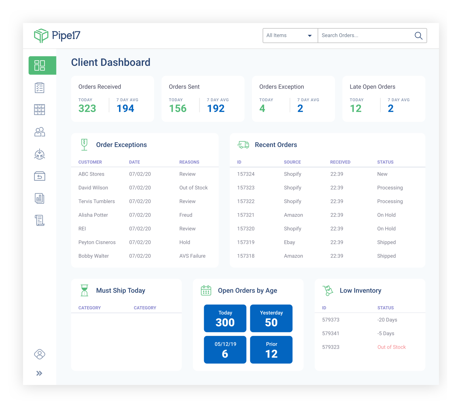 Pipe17 screenshot: Pipe17 client dashboard