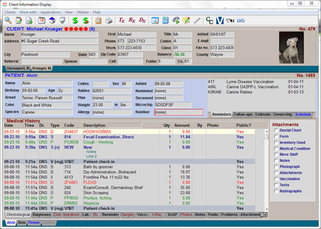 Covetrus Avimark screenshot: AVImark client information display