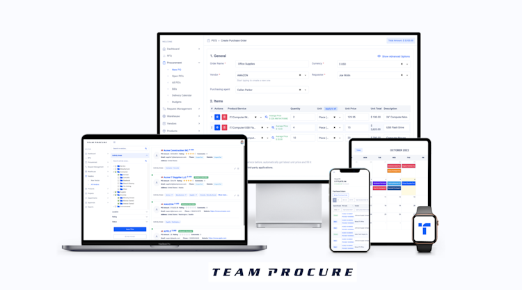 Team Procure screenshot: Team Procure is a cloud-based procurement suite that makes it easy to manage your approvals, purchase orders, suppliers, and inventory all from a single platform.