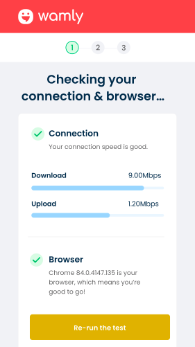 This screen shows the comprehensive testing that happens on a candidate's device before taking an interview. Wamly checks internet speed, browser, hardware and the actual upload of a video file.